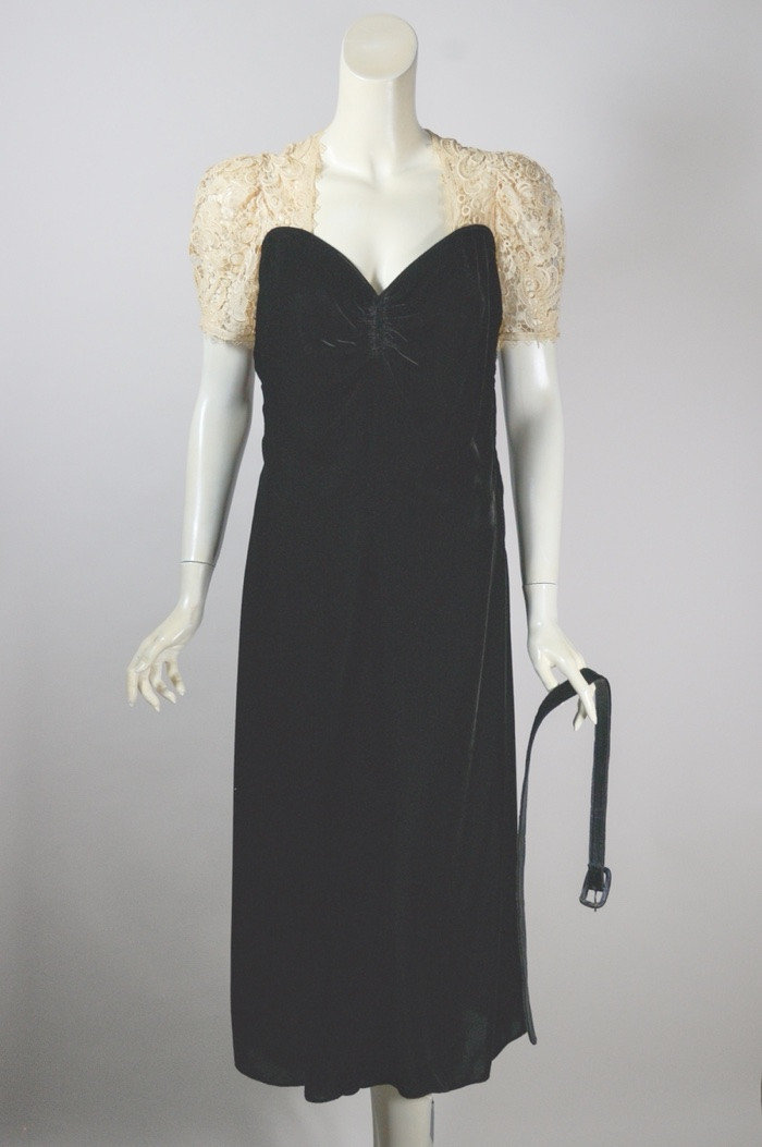 Black bias-cut velvet 1930s cocktail dress lace trim size S to M 37 inch bust 30 inch waist Martha Weathered Chicago