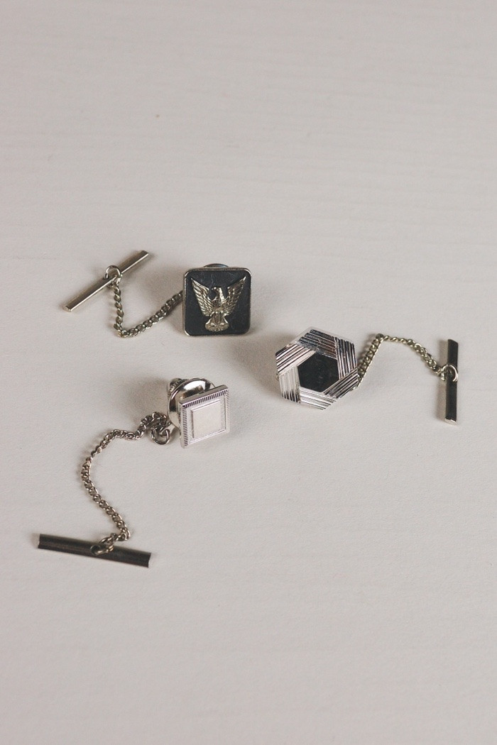 Set of 3 silvertone 1950s tie tacks 1 sterling silver small square vintage menswear