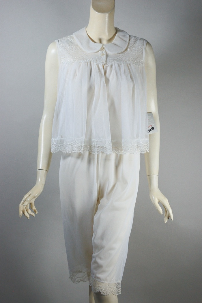 sheer white nylon and lace trim 1960s babydoll top petti pant pajama set unworn size S