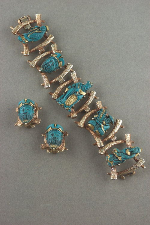 Aqua gold Asian figures 1950s link bracelet earrings set