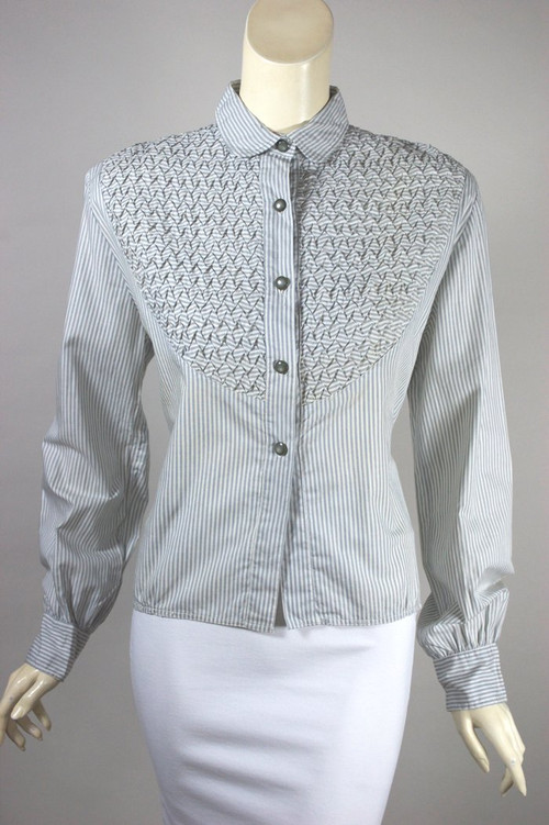 Gray white pinstripe pleats cotton blouse 1940s-50s M