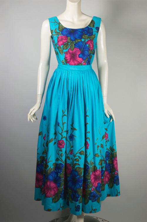 Aqua hibiscus border print Hawaiian dress 2-piece 1950s 60s XS-S