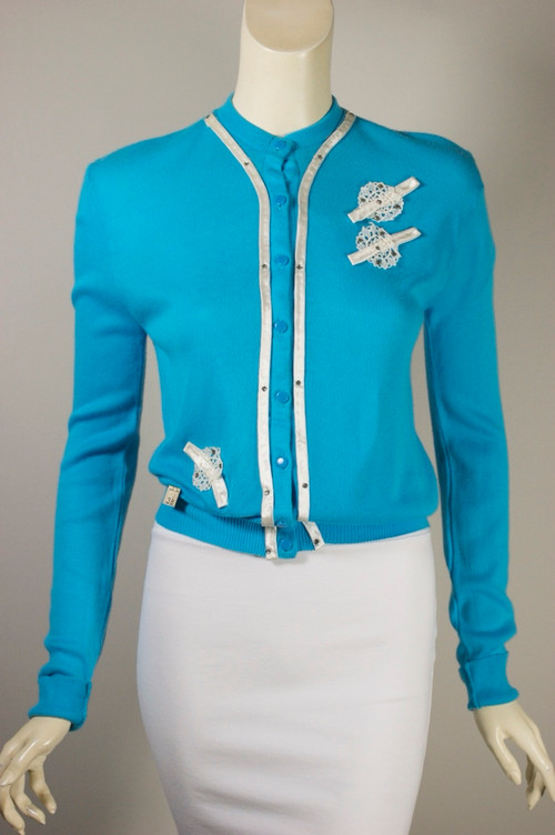 Aqua orlon rhinestones cardigan sweater 1950s deadstock 38 S-M