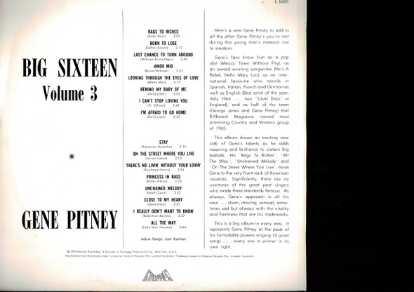 Gene Pitney-Big Sixteen Volume 3-VINYL LP-USED-Aussie press