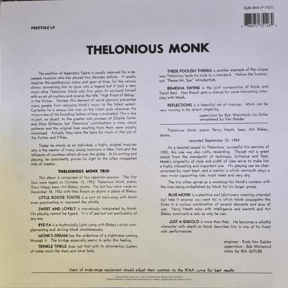 MONK, THELONIOUS  / THELONIOUS MONK TRIO--Vinyl LP-Brand New/Still sealed_TTT10251022