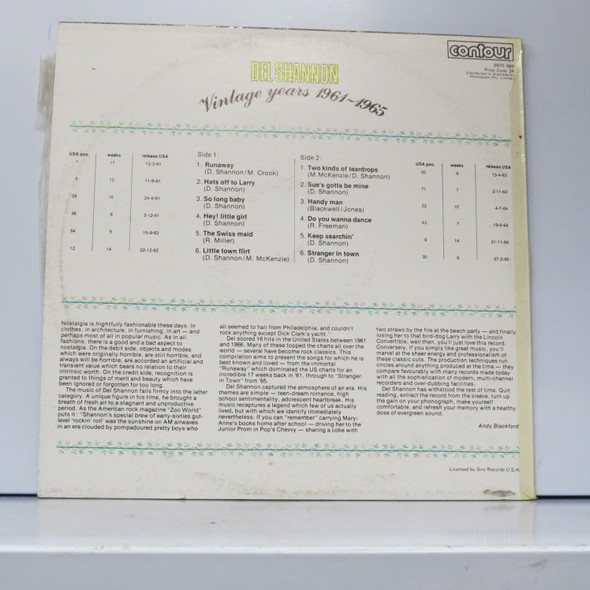 Del Shannon - Vintage Years 1961-1965 USED - Near Mint (NM) / Very Good Plus (VG+) Vinyl - LP, Compilation - Australia 1977 - 6870 689