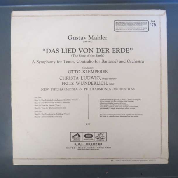 Gustav Mahler - Otto Klemperer, Christa Ludwig, Fritz Wunderlich, New Philharmonia Orchestra & Philharmonia Orchestra-Das Lied Von Der Erde-VINYL LP-USED-SHLP_4613