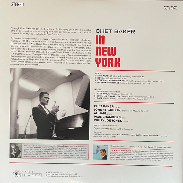 CHET BAKER-In New York ( Gatefold Packaging. Photographs By William Claxton.)-Vinyl LP-Brand New/Still sealed_LAS1224129