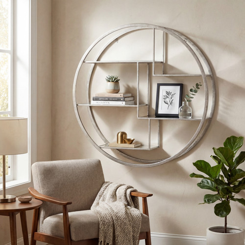 Large circular silver wall hanging multi shelf mounted above an armchair, styled with books, a plant and framed art
