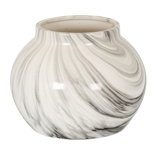 Marble Effect Planter with a rounded, bulbous silhouette and grey-veined marble effect shown on a white background