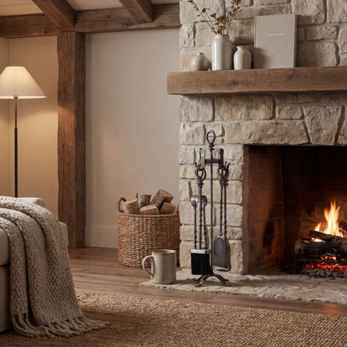 Pewter companion set beside a stone fireplace