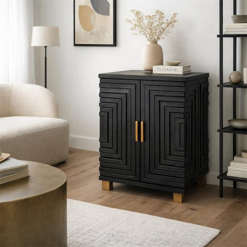 Lennox Black 2 Door Side Cupboard styled in a living room with a vase and stacked books