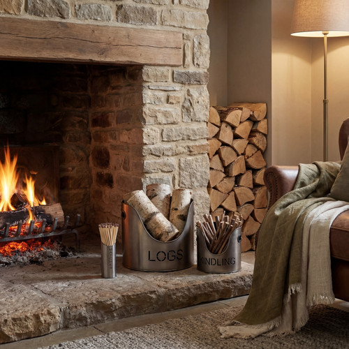 Pewter finish logs and kindling buckets with matchstick holder set beside a lit fireplace, log store and leather armchair
