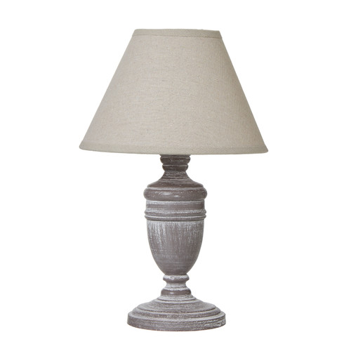 Metis Urn Table Lamp with a distressed grey-washed base and natural linen shade, shown straight on