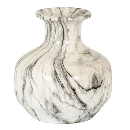 Marble Effect Squat Vase with a rounded silhouette and flared neck, black-veined marble effect shown on a white background