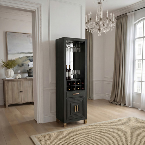 Lennox Black Drinks Unit styled in a living room with a chandelier and wine glasses