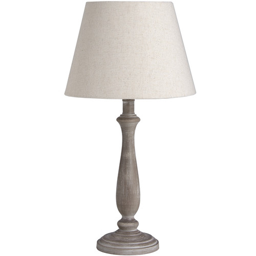 Teos table lamp with whitewashed turned wooden baluster base and neutral linen shade on white background