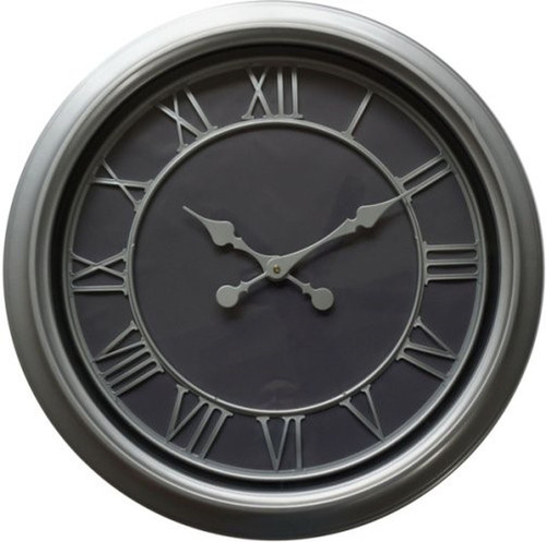 Bloomsbury Wall Clock with Roman numerals and scrolled hands on a charcoal dial, shown close up