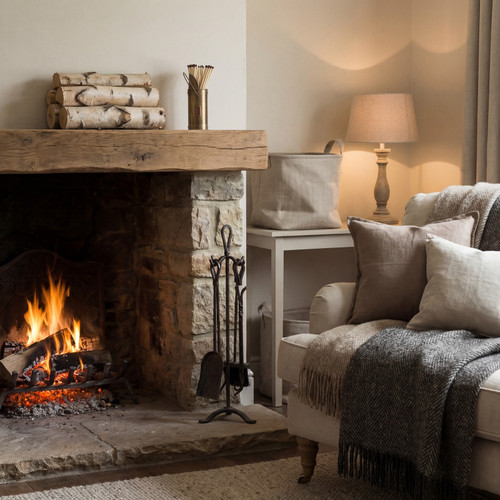 Antique bronze matchstick holder filled with long matches, displayed on a rustic oak mantel beside stacked birch logs above a lit stone fireplace
