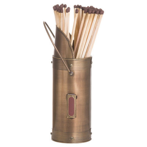 Handcrafted antique bronze matchstick holder with 60 long matches, showing the riveted bands, arched handle and red striker panel on the front