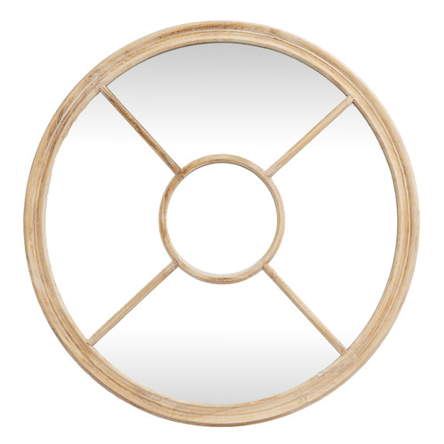 Washed Wood Round Window Mirror shown full-length on a white background