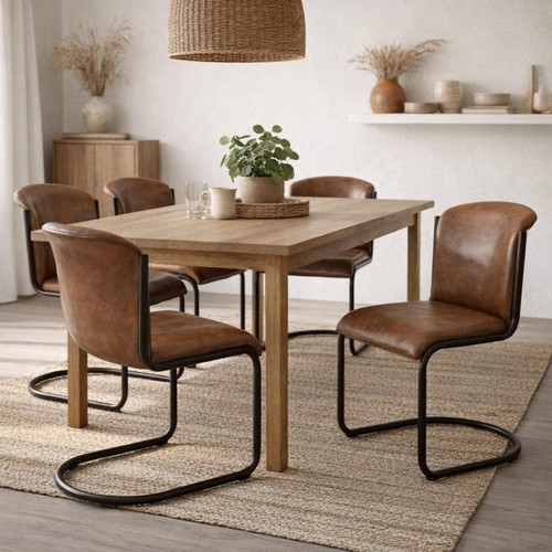 Billy Leather Curved Dining Chairs styled around a wooden dining table