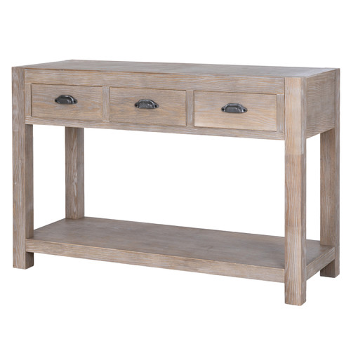 Haldon whitewashed 3-drawer console table with cast-iron handles