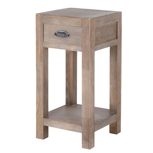 Haldon whitewashed 1-drawer lamp table with cast-iron handle