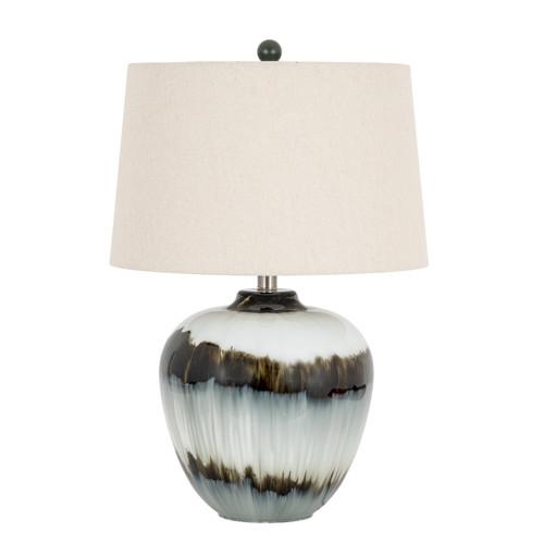 Midnight Shadows table lamp with charcoal and grey drip-glaze ceramic base and natural linen drum shade on white background