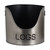 Close-up of pewter finish logs bucket with bold cut-out lettering and black interior