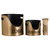 Bronze finish logs bucket, kindling bucket and matchstick holder with cut-out lettering, shown together on a white background