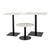 Romanby Stone dining table range shown in two square sizes and one round size, all with black pedestal bases.