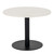 Romanby Stone Round Coffee Table with a white marble-effect top on a black pedestal base, shown on a white background.