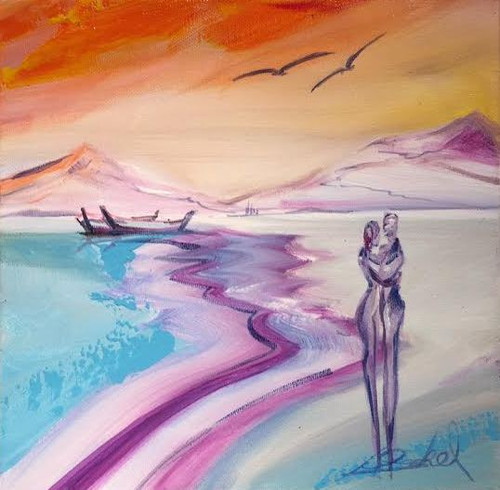 Alfred Gockel painting beach shore - couple