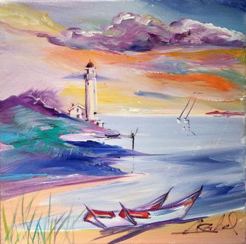 Alfred Gockel painting lighthouse, boats and ocean
