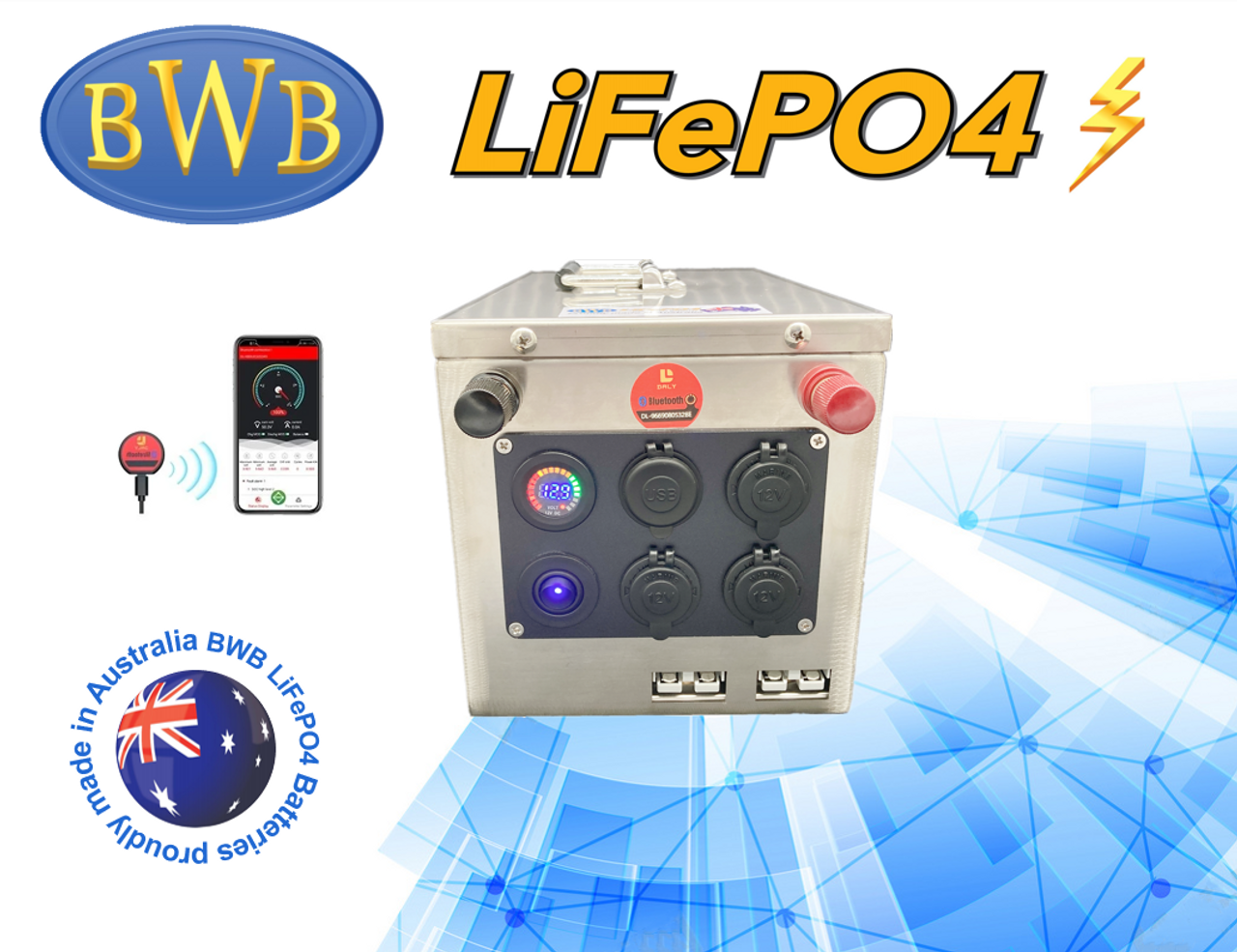 BWB 12.8V 100Ah 1280WH Lithium Iron LiFePO4 Deep Cycle Battery Stainless Box with Accessories Ports