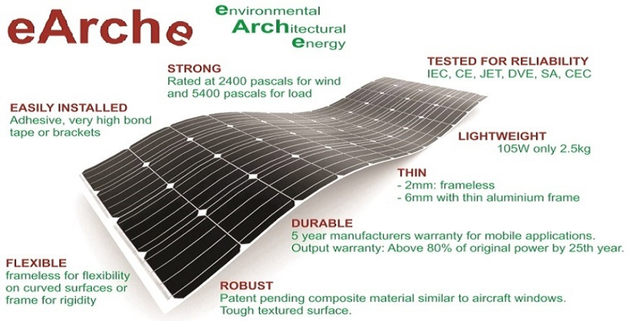 Sunman eArc 100W - Semi-Flexible Solar Panel - Frameless - Junction Box on Top - Mono PERC Cells- with Mounting Options 