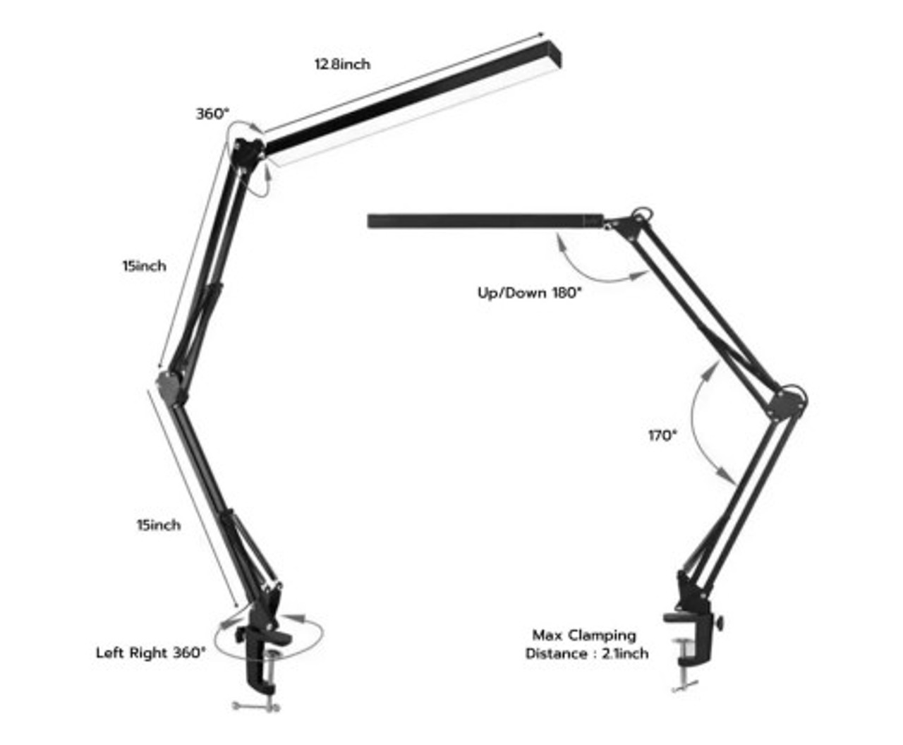 LED USB Swing Arm Desk Lamp with Clamp for Office, Workshop, Vehicle, Camper, RV, Caravan - Black