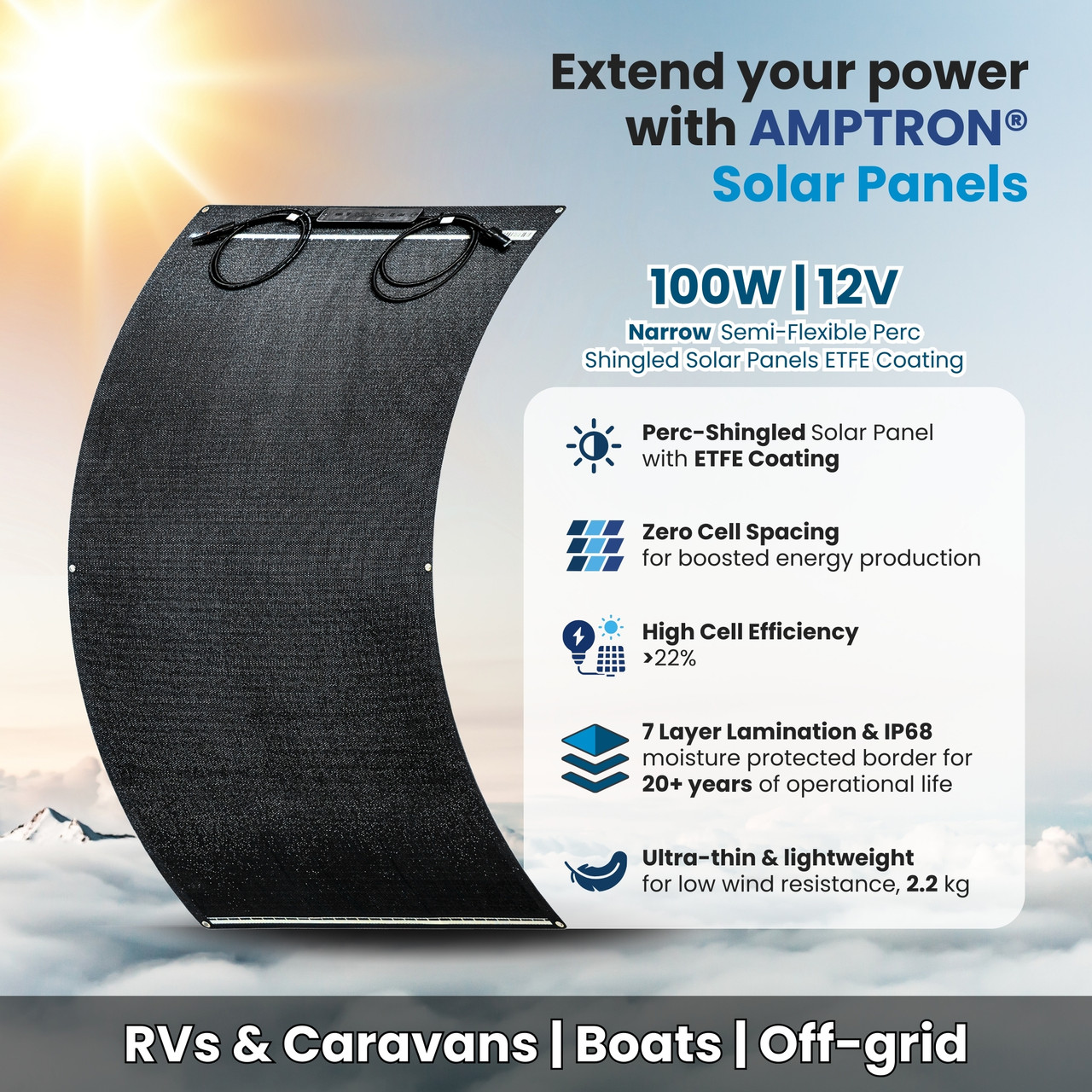 Amptron 100W 12V Semi-Flexible Perc-Shingled Solar Panel with ETFE Coating