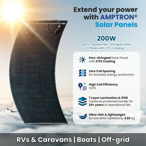 Amptron 200W 12V Semi-Flexible Perc-Shingled Solar Panel with ETFE Coating