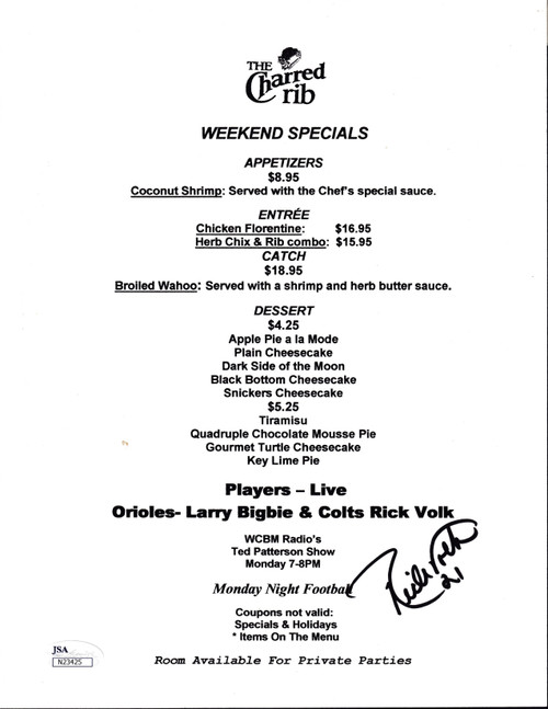 Rick Volk Signed 8.5" X 11" Charred Rib Menu JSA Cert# N23425