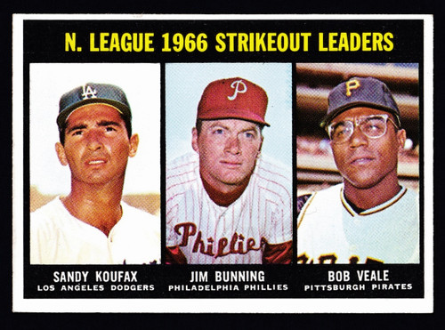 1967 Topps #238 NL Strikeout Leaders Koufax Bunning EX