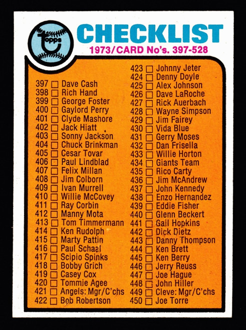 1973 Topps #453 Unmarked Checklist 397-528 EXMT