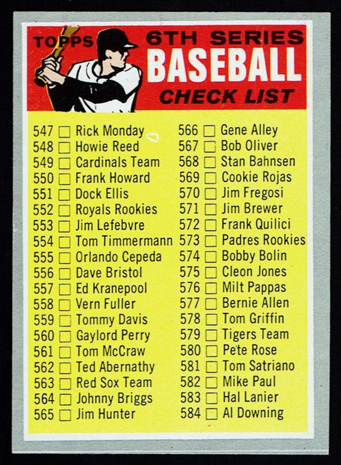 1970 Topps #542 6th Series Unmarked Checklist Brown Bat on Front EX+