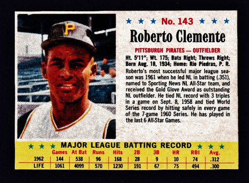 1963 Jello #143 Roberto Clemente Authentic