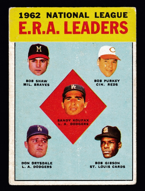 1963 Topps #005 NL ERA Leaders Koufax Drysdale Gibson VG