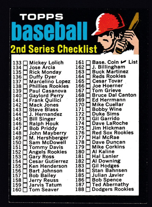 1971 Topps #123 2nd Series Unmarked Checklist Card Number Centered EX