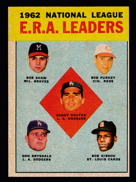 1963 Topps #005 NL ERA Leaders Koufax Drysdale Gibson EX-