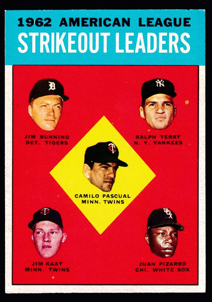 1963 Topps #010 AL Strikeout Leaders Bunning EX