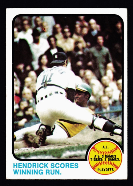 1973 Topps #201 AL Playoffs Hendrick Scores Winning Run. EX-